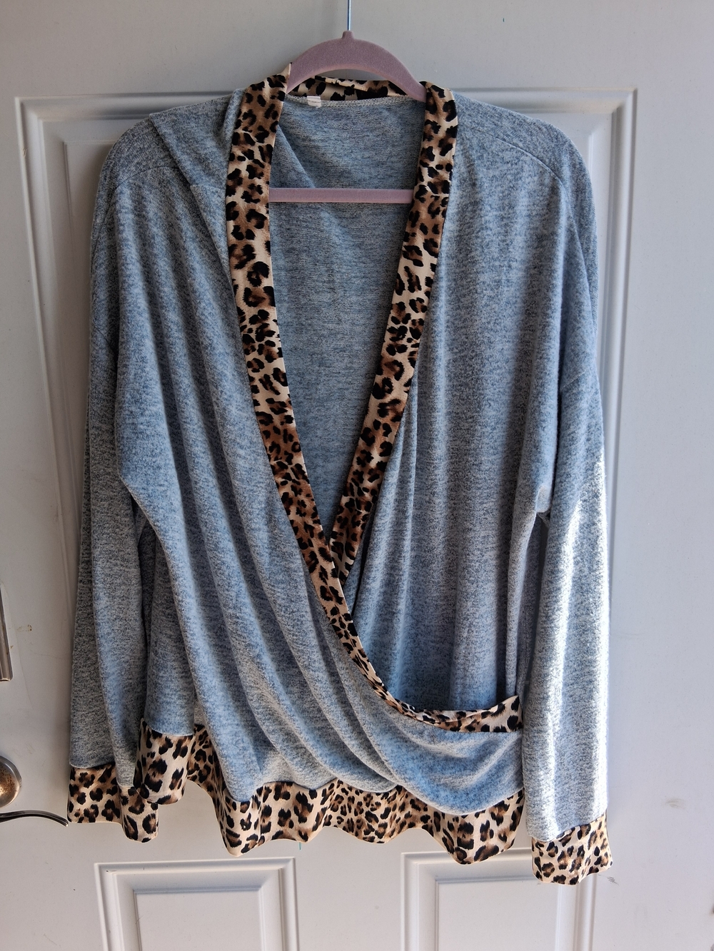 Gray Wrap Cardigan with Leopard Trim